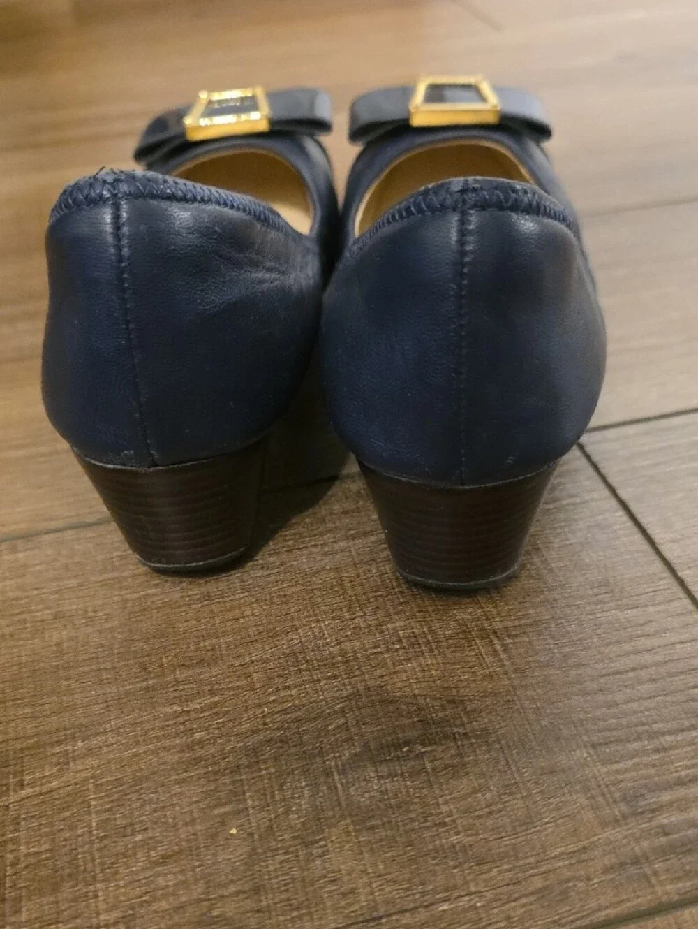Cole Haan Navy Patent Ballet Flats with Gold Buckle
